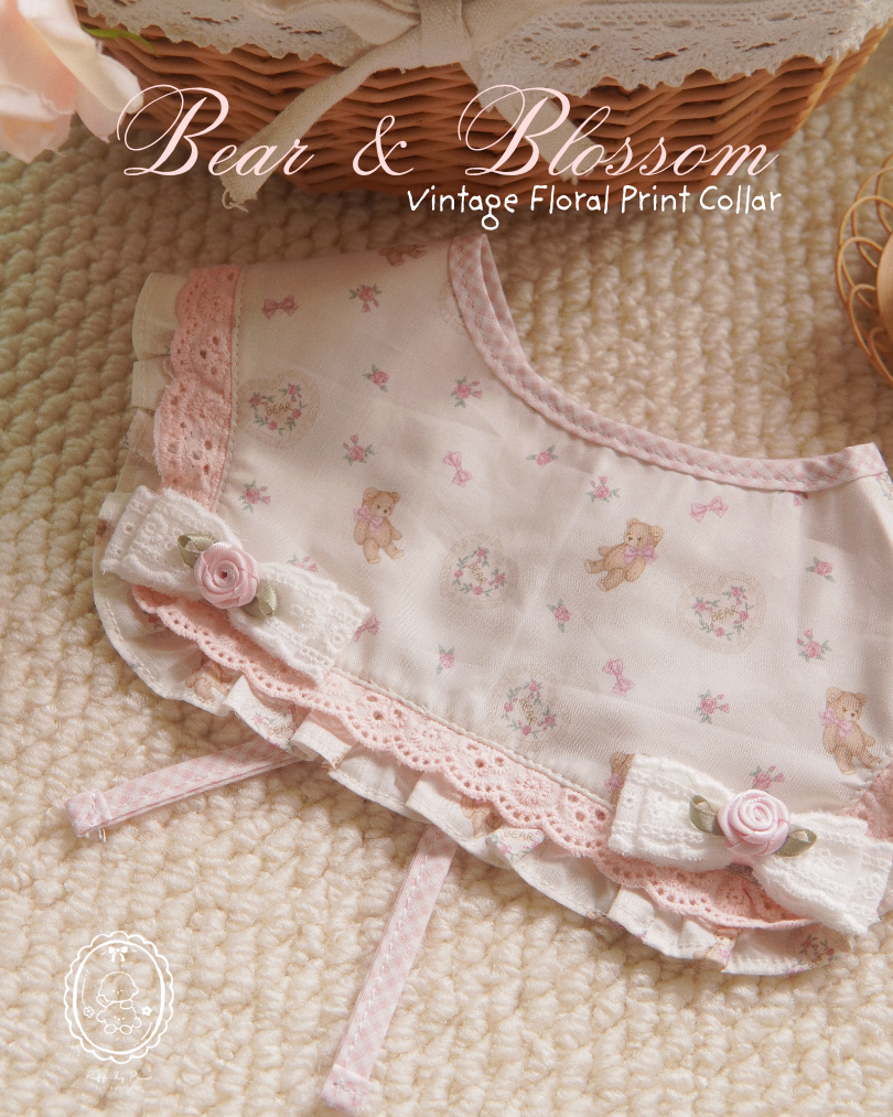 Bear & Blossom Pet Collar with Embroidery – Personalized Vintage Floral Lace Collar for Cats & Dogs