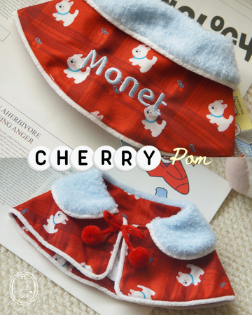 Cherry Pom Cape: Vintage Festive Pet Cloak with Cloud-Soft Faux Fur Collar (Personalized Custom Embroidery Available)