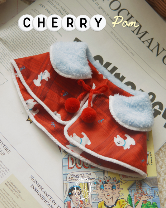 Cherry Pom Cape: Vintage Festive Pet Cloak with Cloud-Soft Faux Fur Collar (Personalized Custom Embroidery Available)