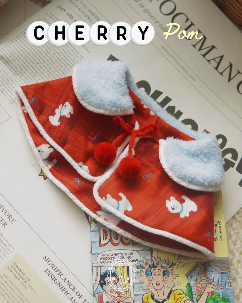 Cherry Pom Cape: Vintage Festive Pet Cloak with Cloud-Soft Faux Fur Collar (Personalized Custom Embroidery Available)