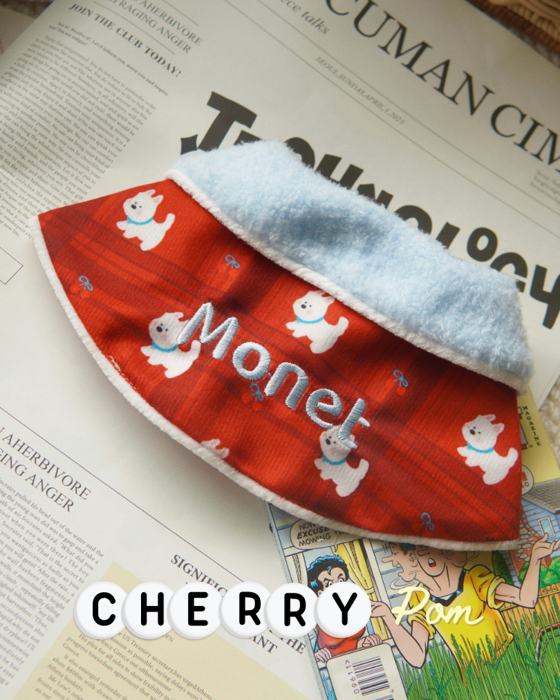 Cherry Pom Cape: Vintage Festive Pet Cloak with Cloud-Soft Faux Fur Collar (Personalized Custom Embroidery Available)