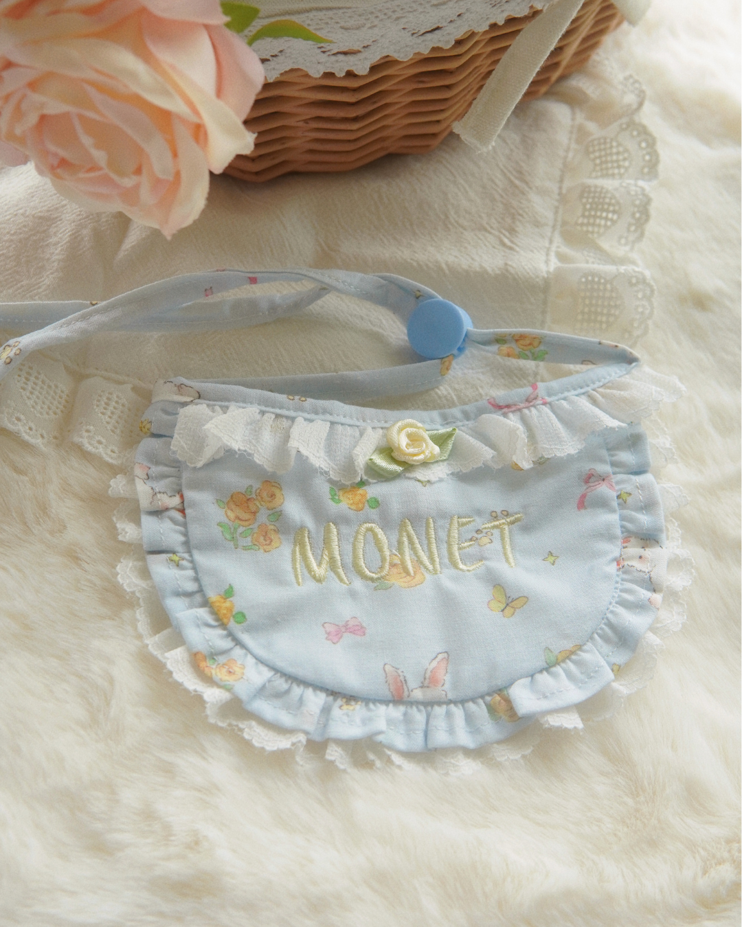 Rosalie Lace Ruffle Bib 🎀 Custom Name Embroidery