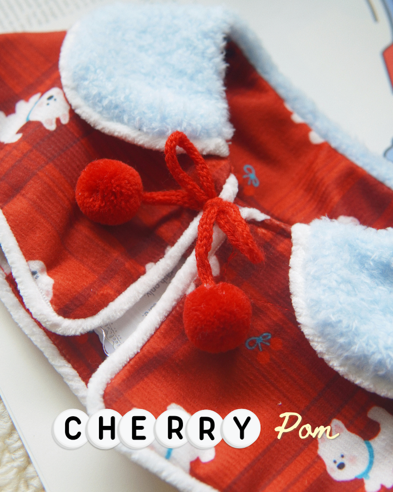 Cherry Pom Cape: Vintage Festive Pet Cloak with Cloud-Soft Faux Fur Collar (Personalized Custom Embroidery Available)