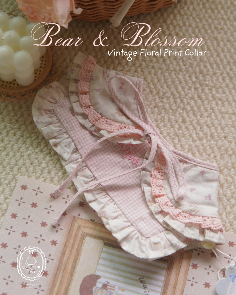 Bear & Blossom Pet Collar with Embroidery – Personalized Vintage Floral Lace Collar for Cats & Dogs